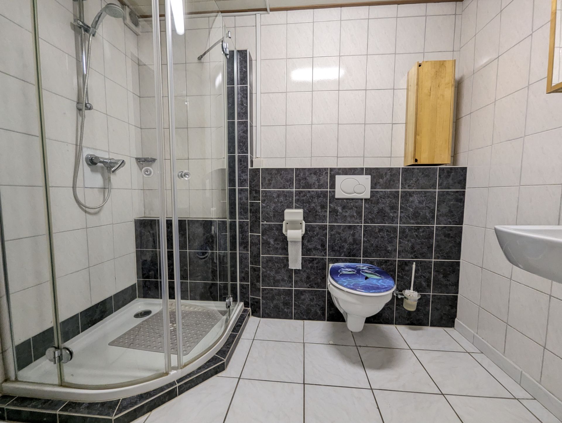 Modernes Badezimmer mit Dusche, Wandtoilette, Waschbecken und Fliesen an Wand und Boden.