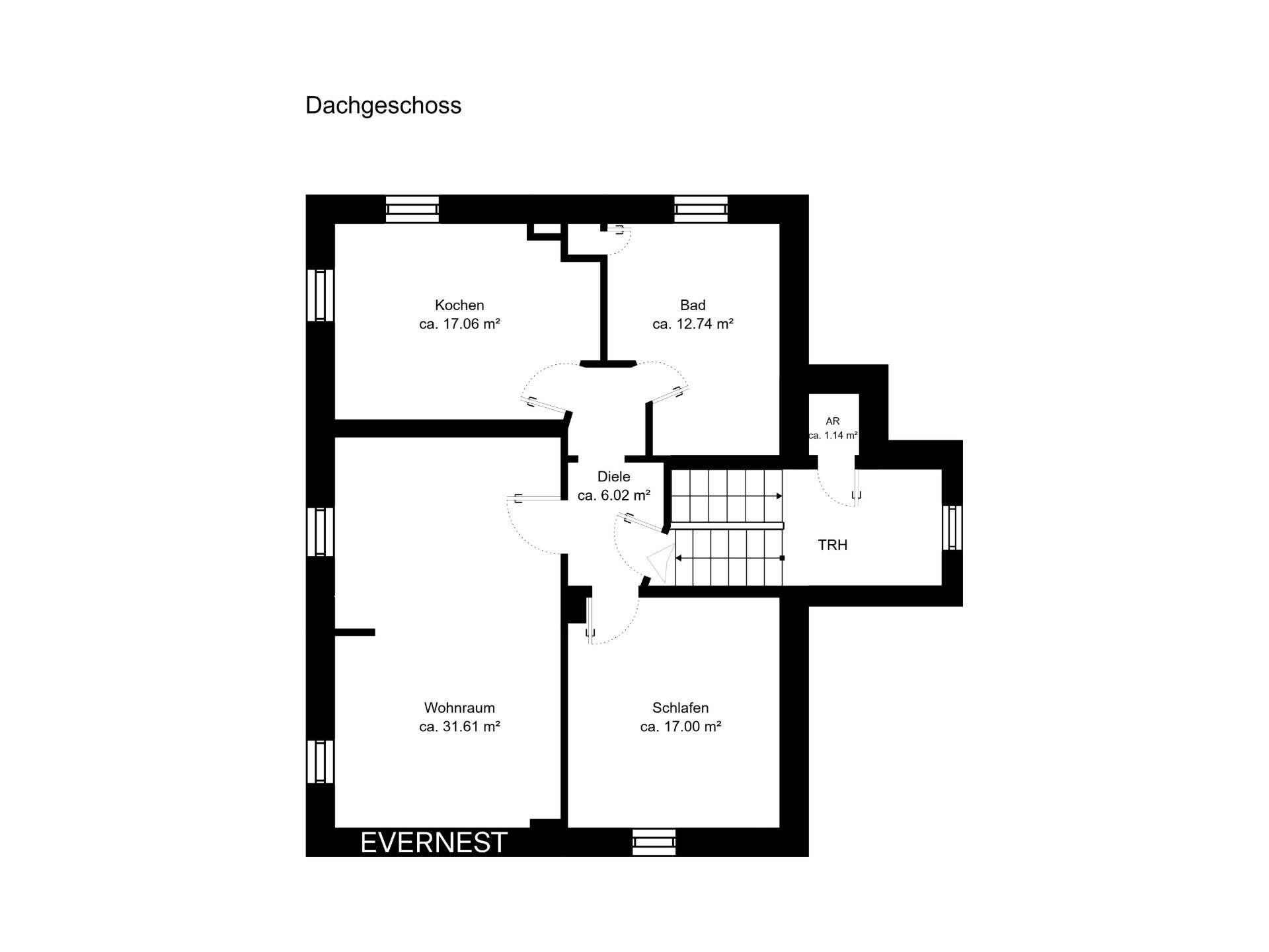 Grundriss des Dachgeschosses mit Wohnraum, Küche, Bad, Schlafzimmer und Diele.