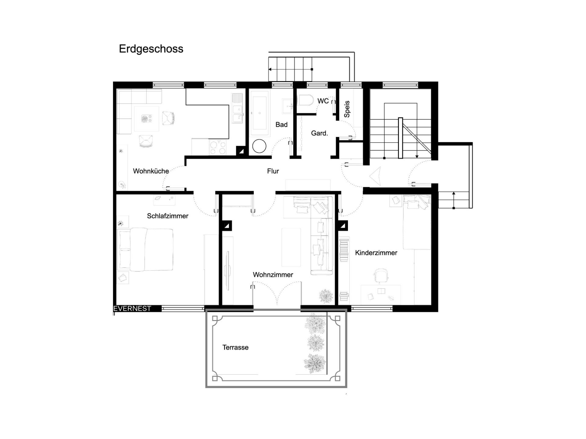 Grundriss des Erdgeschosses mit Wohnzimmer, Schlafzimmer, Kinderzimmer, Wohnküche und Terrasse.