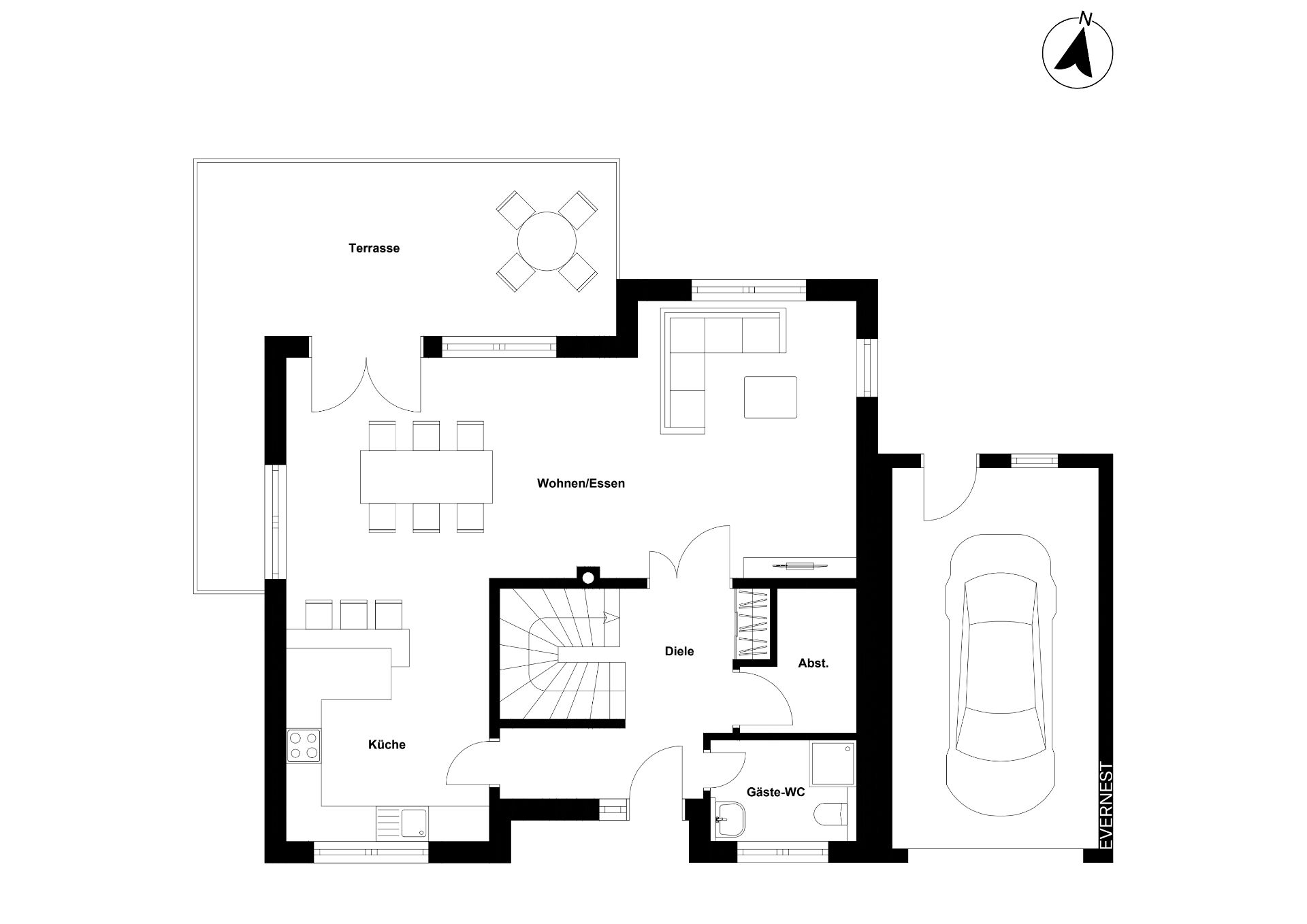 Grundriss eines Wohnhauses mit Küche, Wohnbereich, Terrasse, Gäste-WC und Garage.