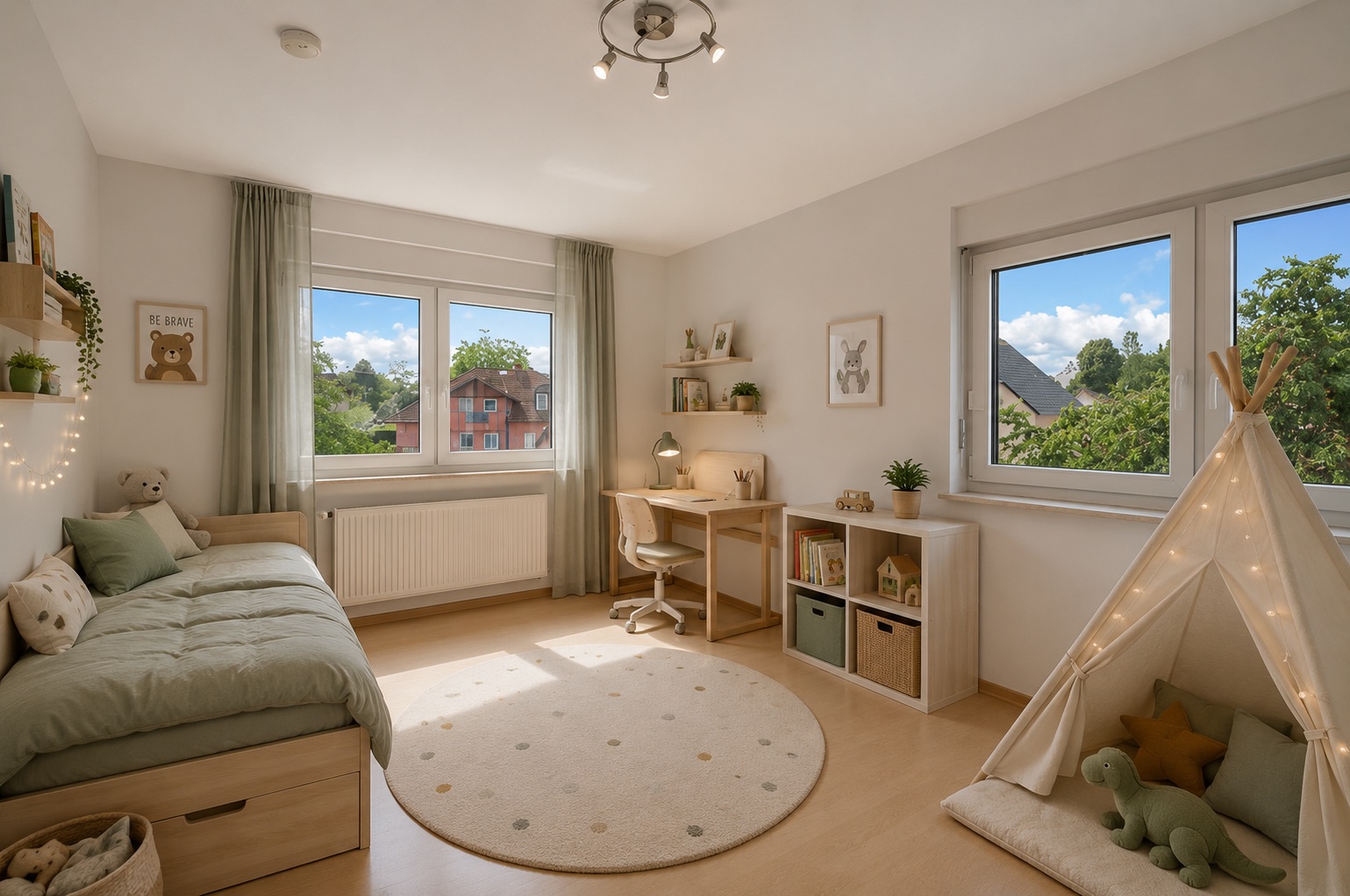 Helles Kinderzimmer mit Bett, Schreibtisch, Spielzelt und großen Fenstern mit Blick nach draußen.