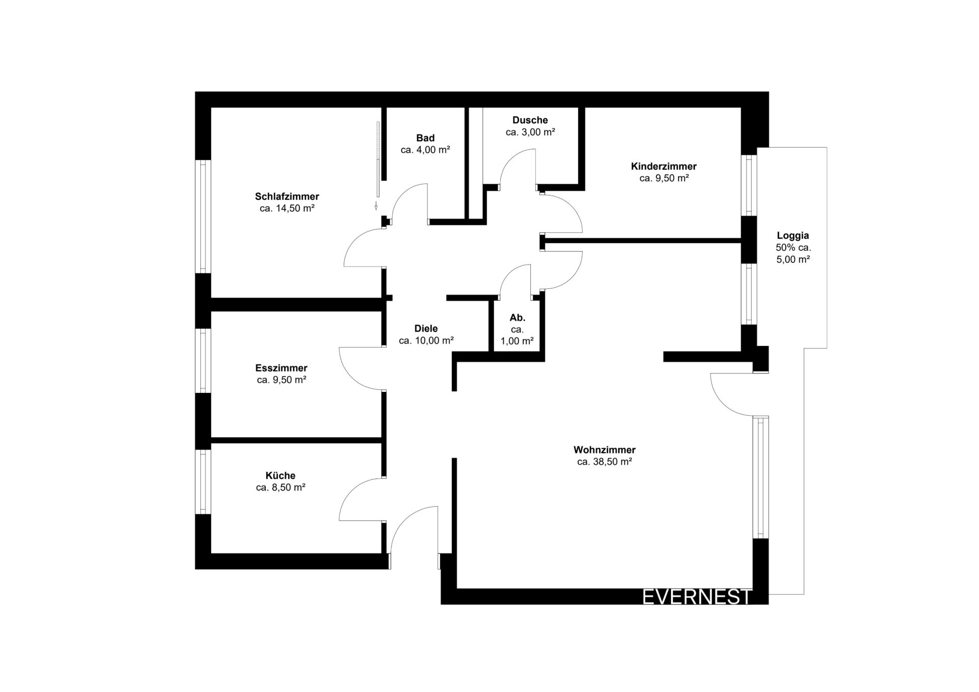 Grundriss einer Wohnung mit Schlafzimmer, Wohnzimmer, Küche, Esszimmer, Bad, Dusche, Kinderzimmer und Loggia.