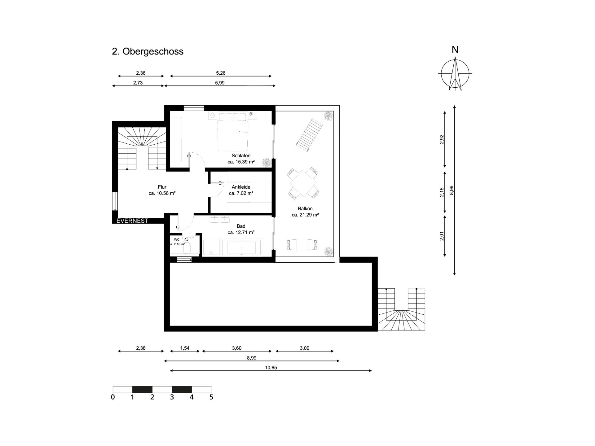 Grundriss des 2. Obergeschosses mit Schlafzimmer, Bad, Ankleide, Flur und Balkon.