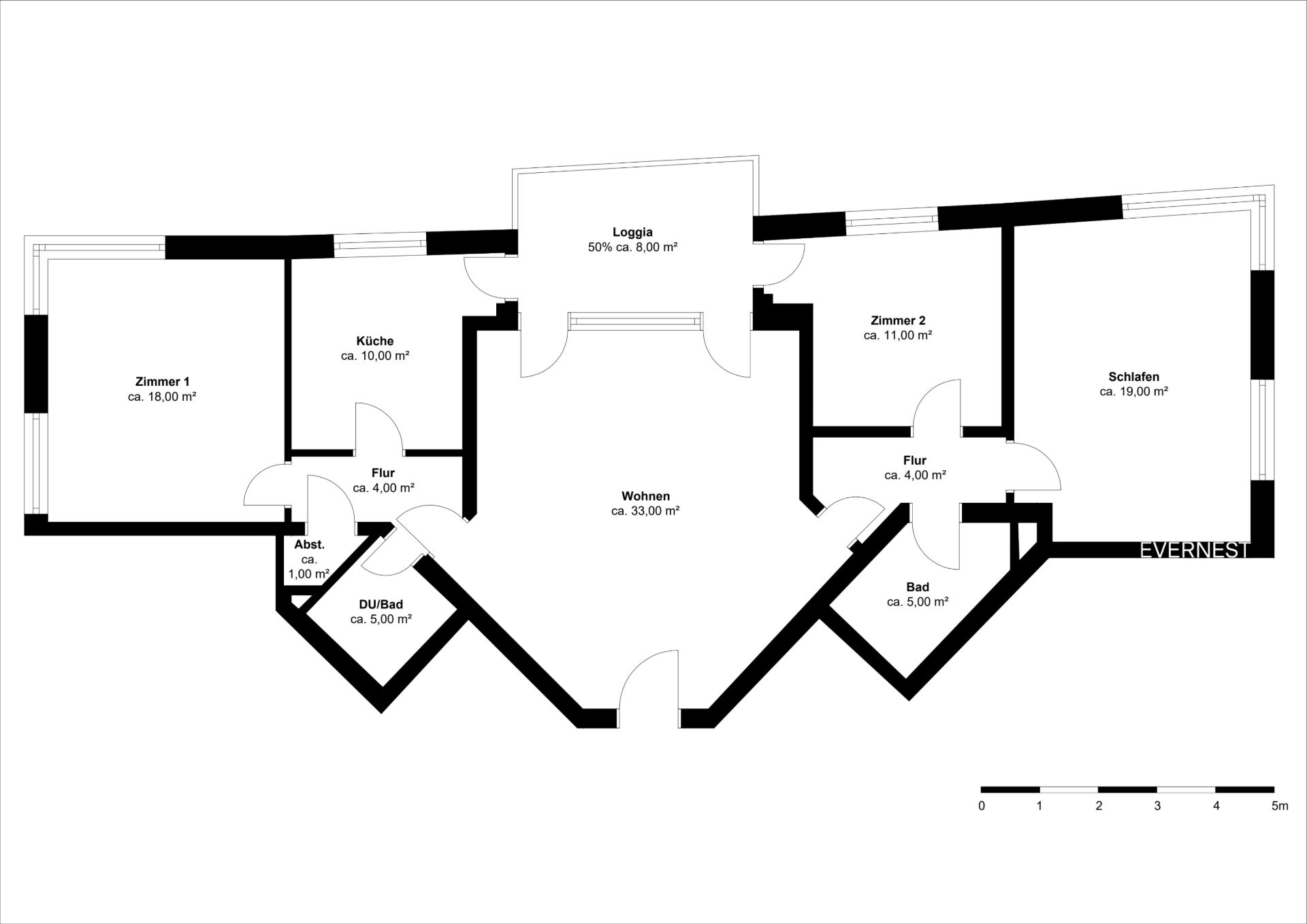 Grundriss einer Wohnung mit Wohnzimmer, Schlafzimmer, Küche, Bad und zwei weiteren Zimmern.