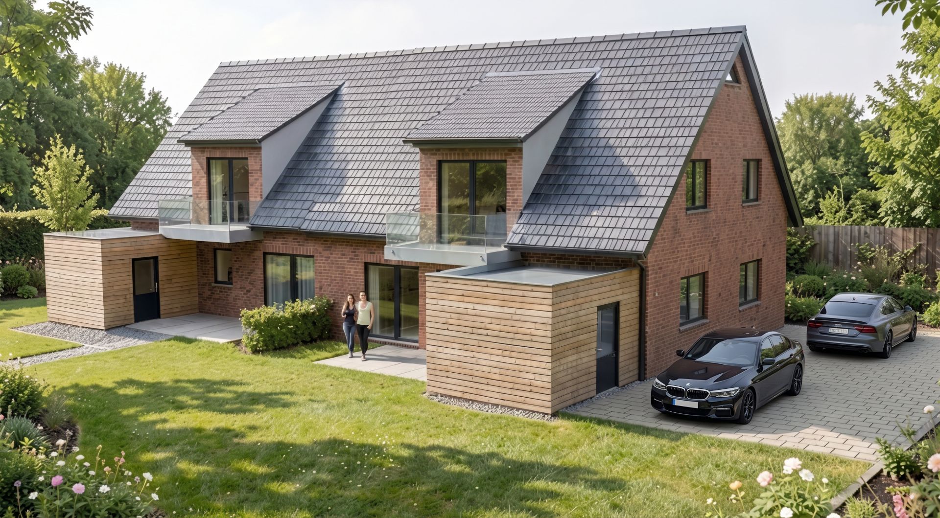 Modernes Backsteinhaus mit zwei Autos, Balkon und gepflegtem Garten, zwei Personen stehen vor dem Haus.