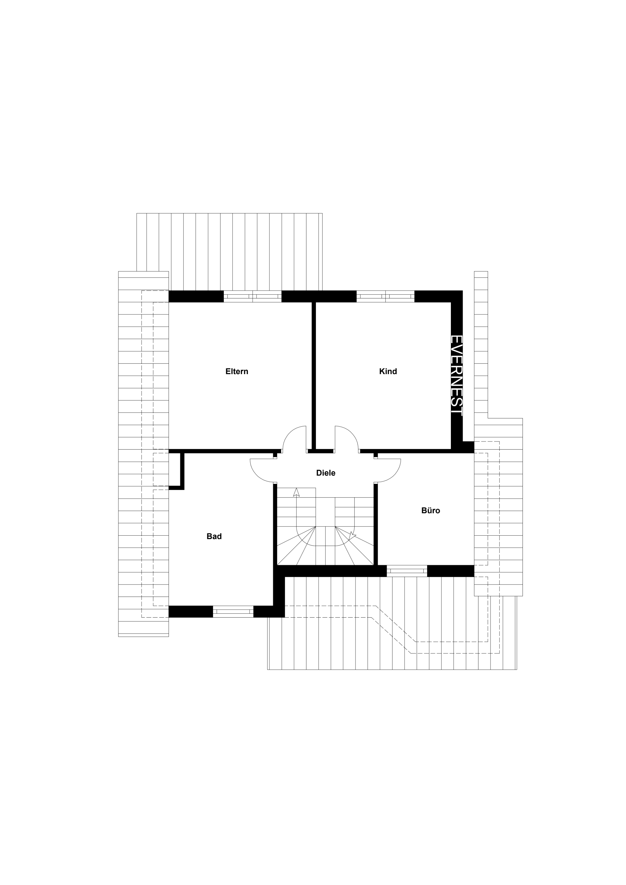 Grundriss mit Eltern-, Kind-, Bad-, Büro- und Dielenraum sowie Treppenhaus.