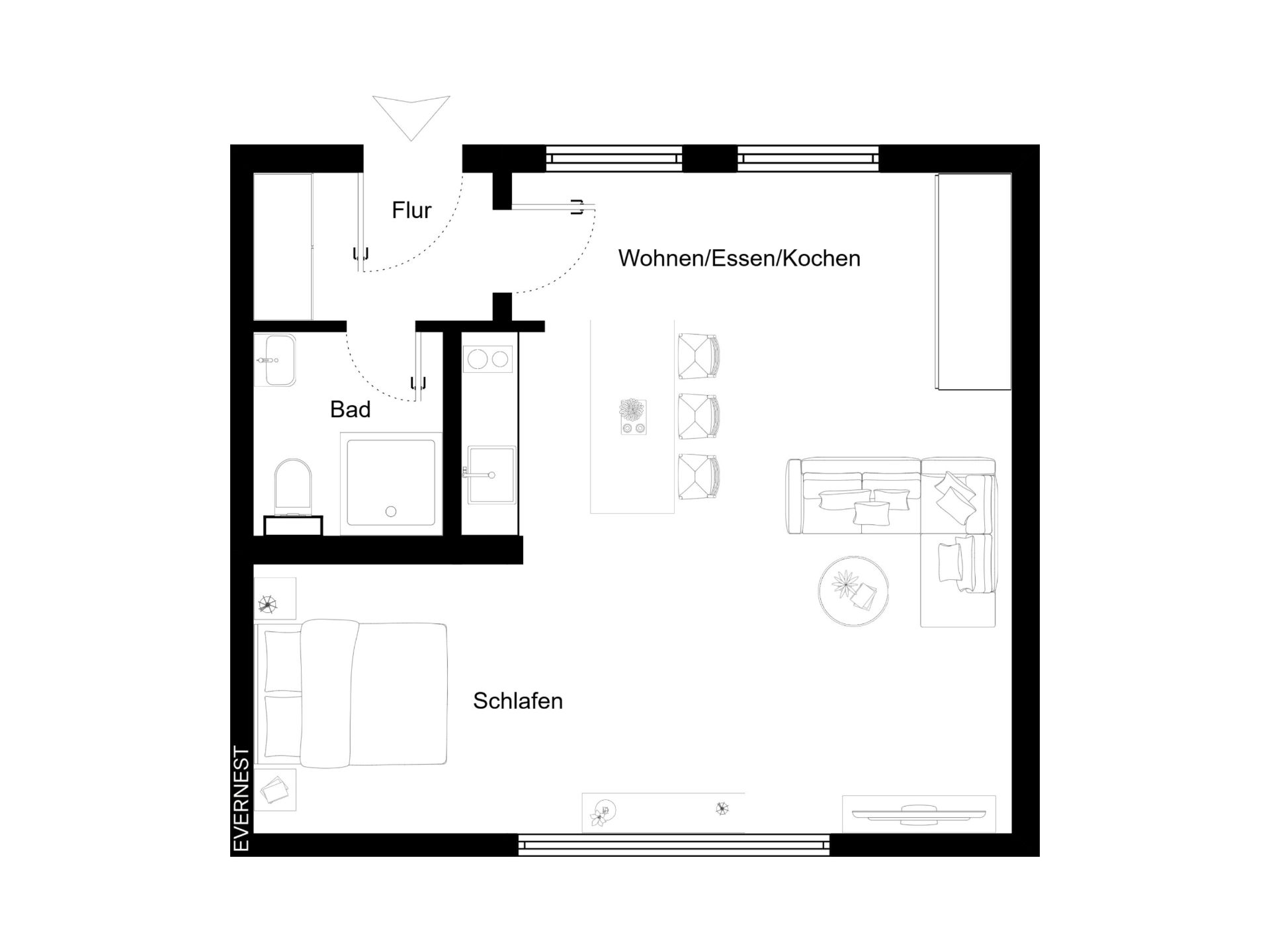 Grundriss einer Wohnung mit Schlafzimmer, Bad, Flur und offenem Wohn-, Ess- und Küchenbereich.
