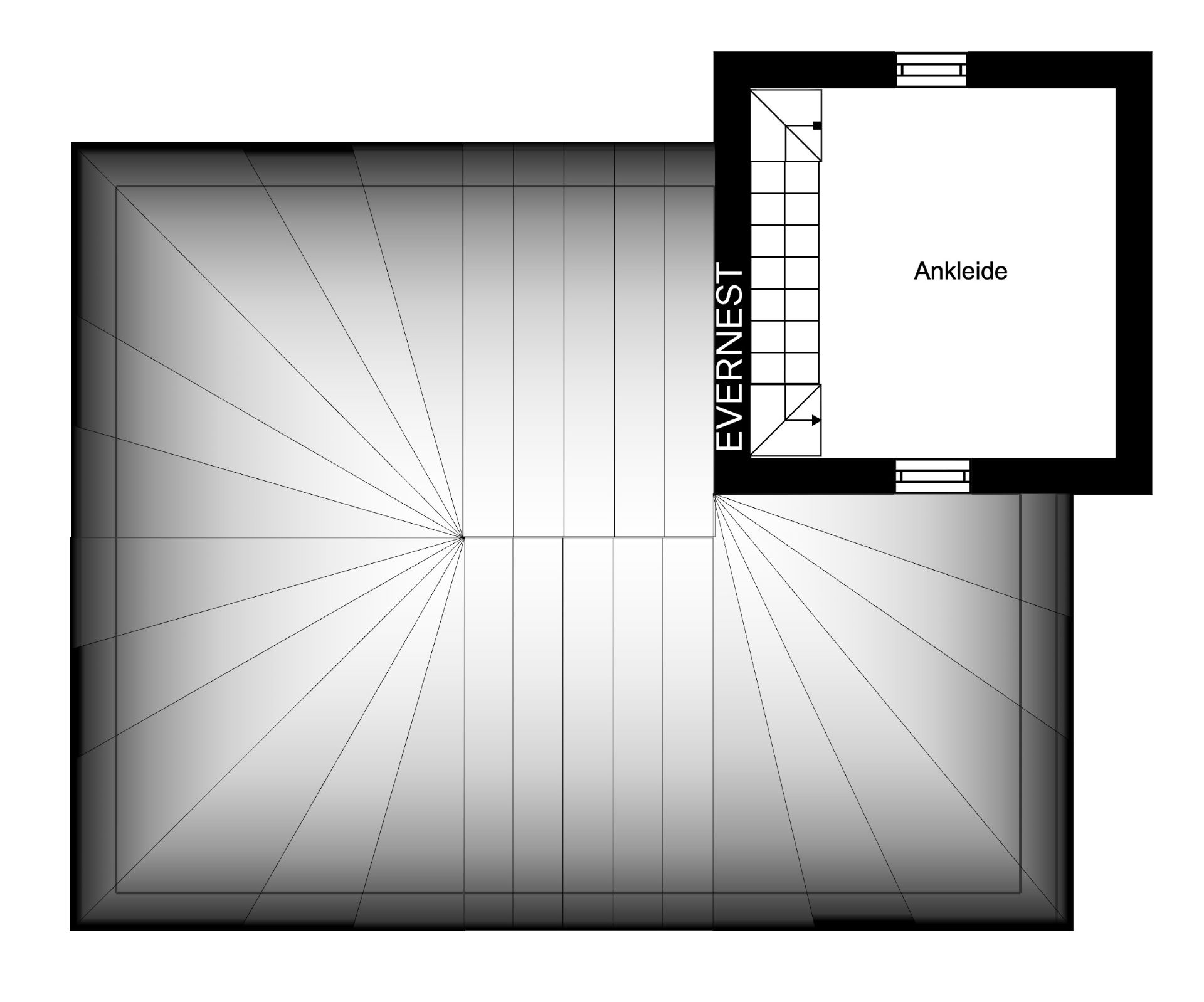 Grundriss mit einem Raum, der als Ankleide beschriftet ist, und einer Treppe.