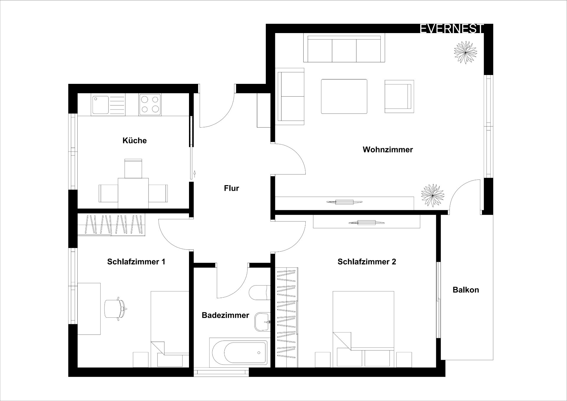 Grundriss einer Wohnung mit Wohnzimmer, Küche, zwei Schlafzimmern, Bad, Flur und Balkon.