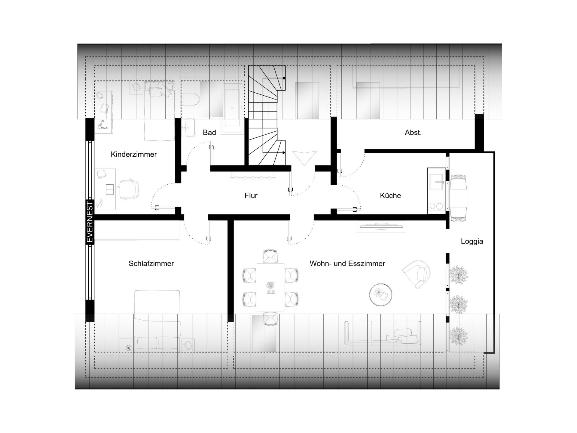 Grundriss einer Wohnung mit Schlafzimmer, Kinderzimmer, Bad, Küche, Wohn- und Esszimmer und Loggia.