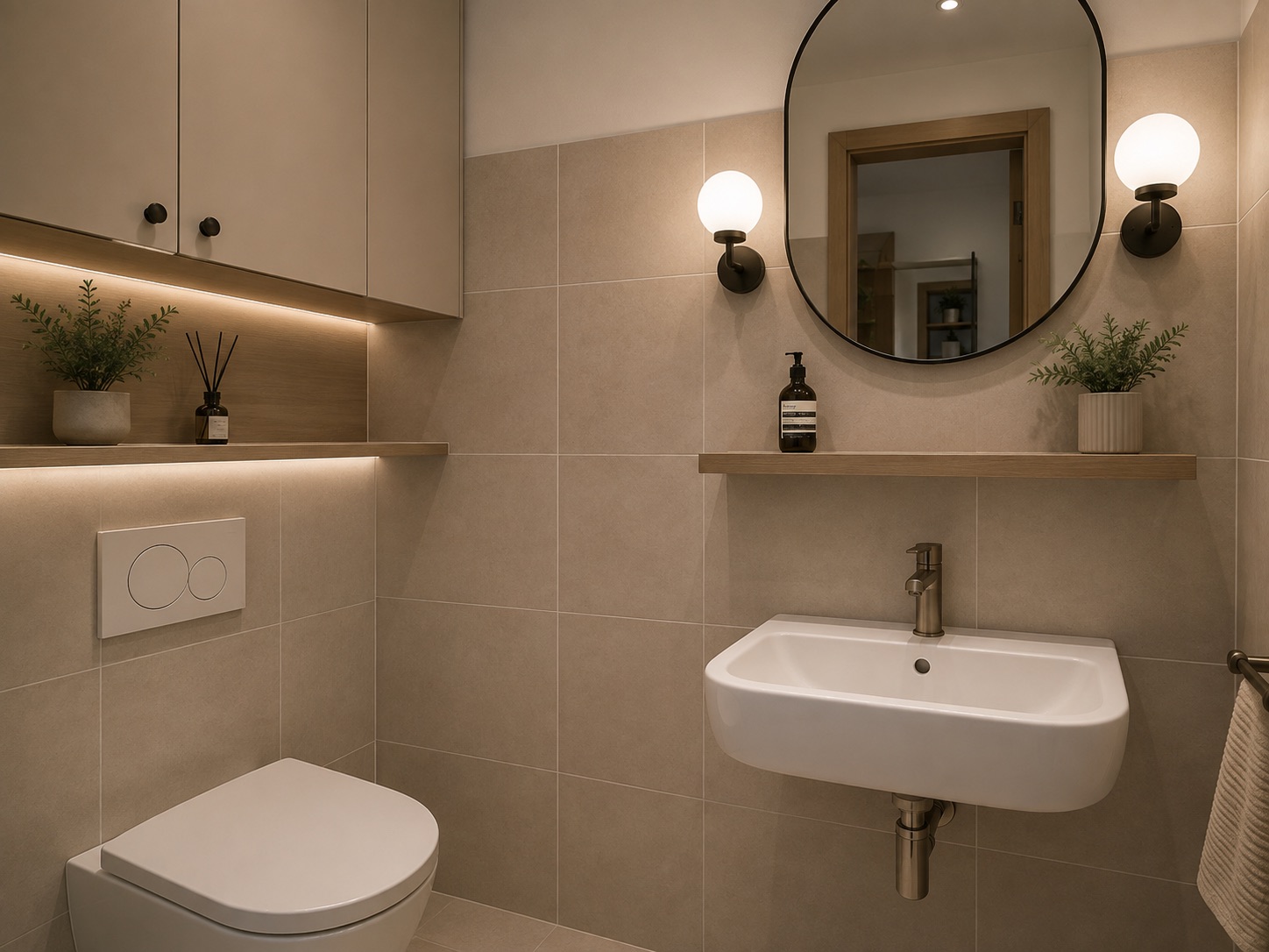 Modernes Badezimmer mit Toilette, Waschbecken, rundem Spiegel und Wandlampen.