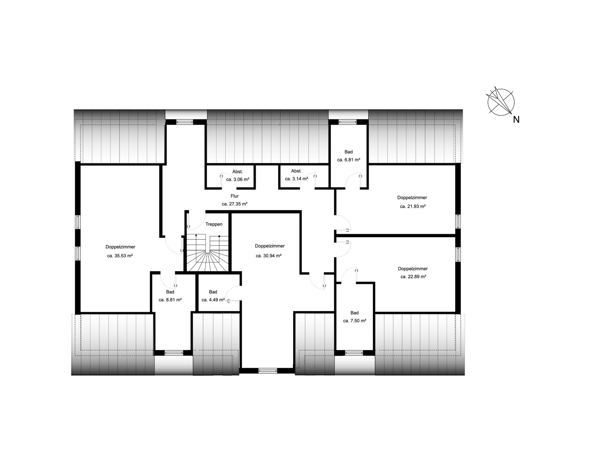 Grundriss mit mehreren Schlafzimmern, Bädern, Flur, Abstellräumen und Treppen in der Mitte.