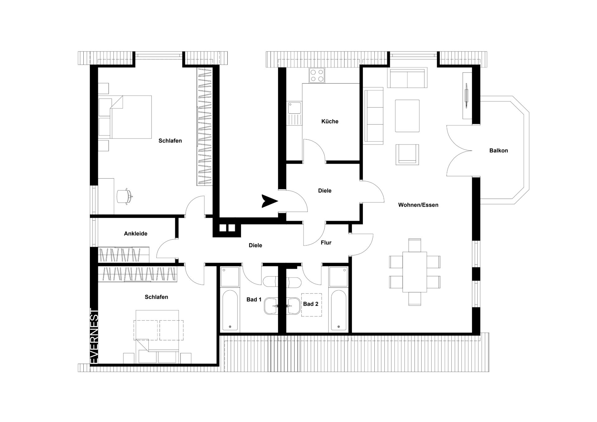 Grundriss einer Wohnung mit zwei Schlafzimmern, zwei Bädern, Küche, Wohnbereich und Balkon.