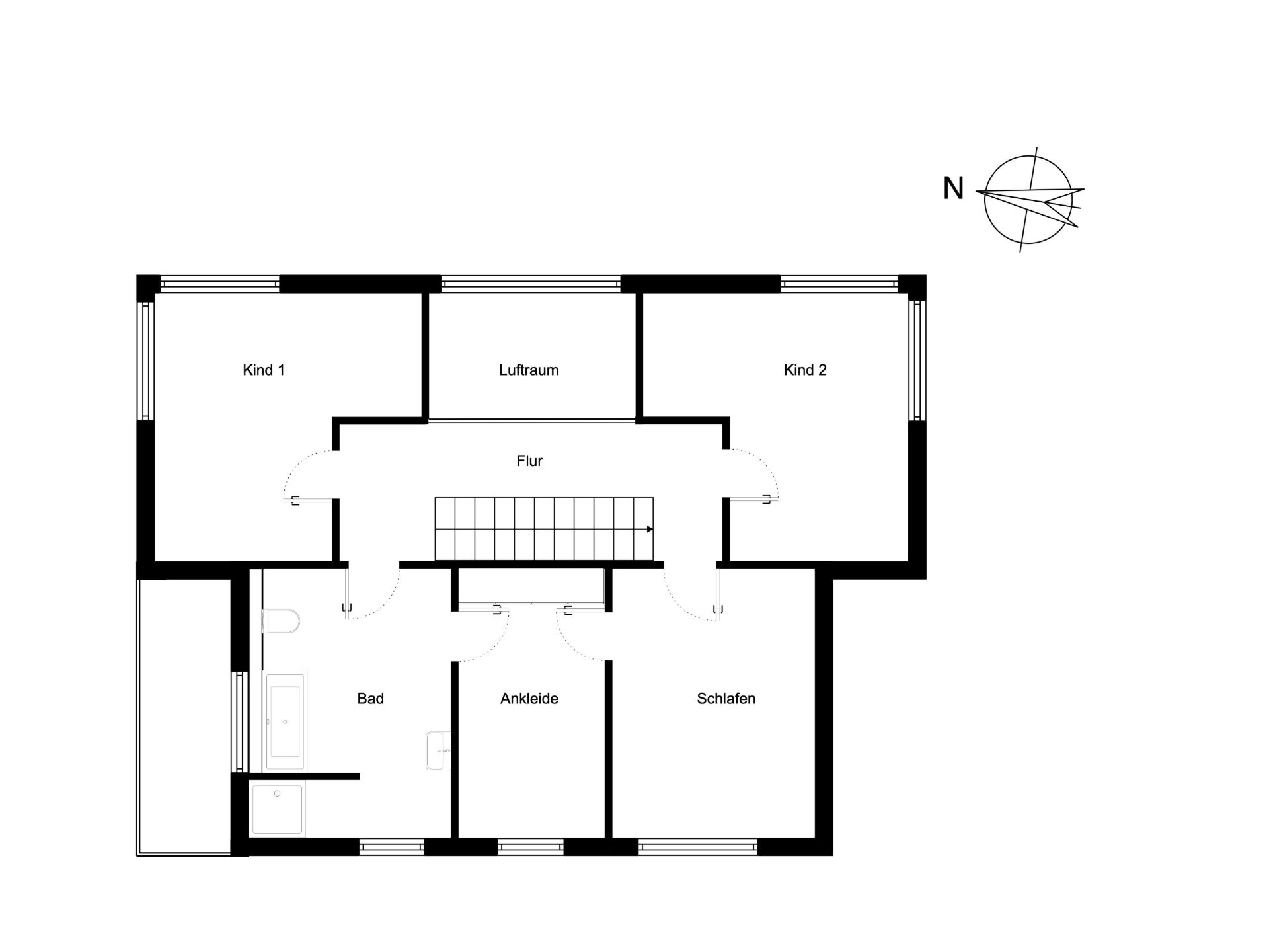 Grundriss mit zwei Kinderzimmern, Schlafzimmer, Ankleide, Bad, Flur und Luftraum.