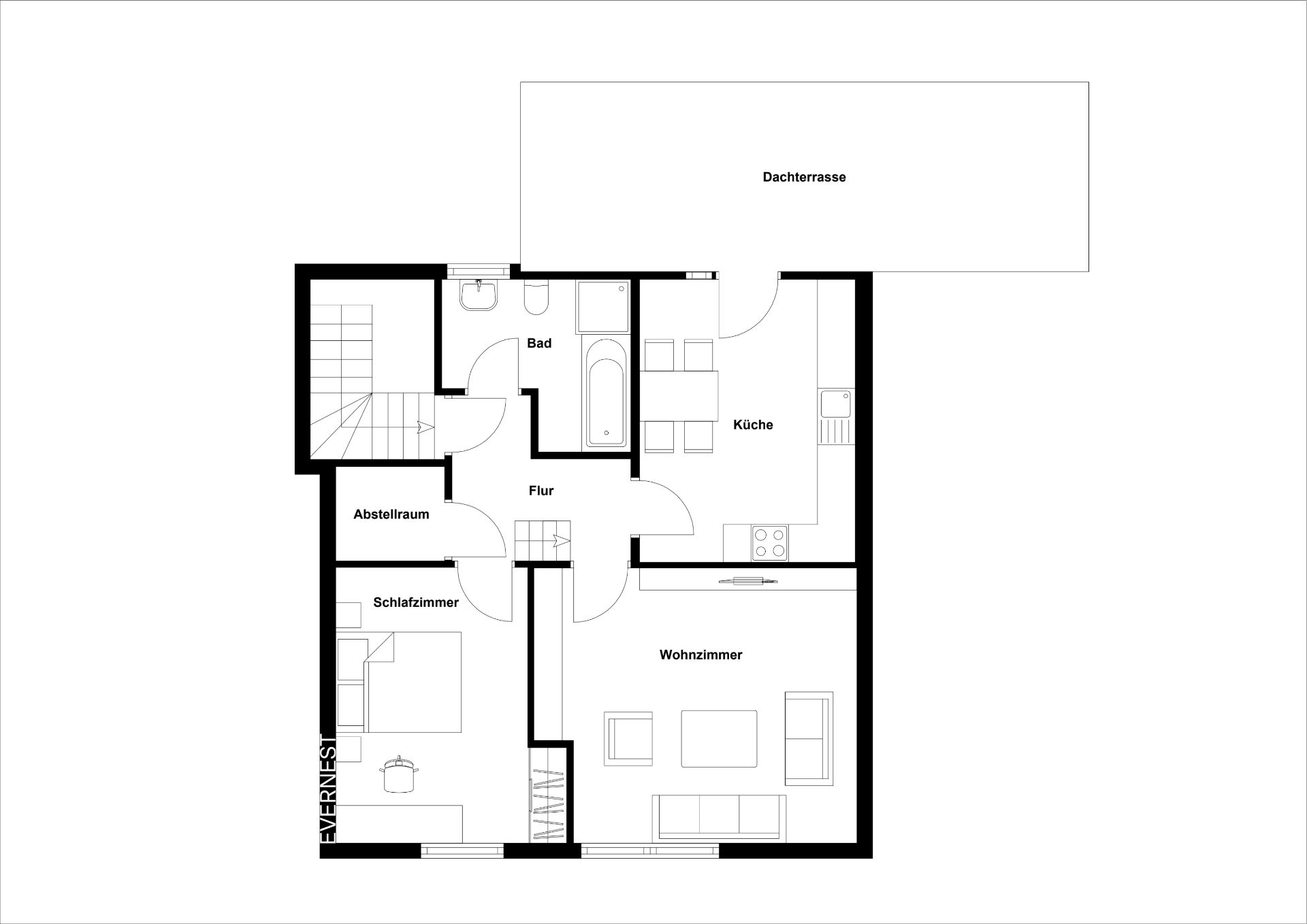 Grundriss einer Wohnung mit Schlafzimmer, Wohnzimmer, Küche, Bad, Abstellraum und Dachterrasse.