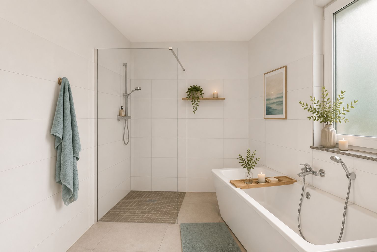 Modernes Badezimmer mit Dusche, Badewanne, Handtuch, Pflanzen und Kerzen.