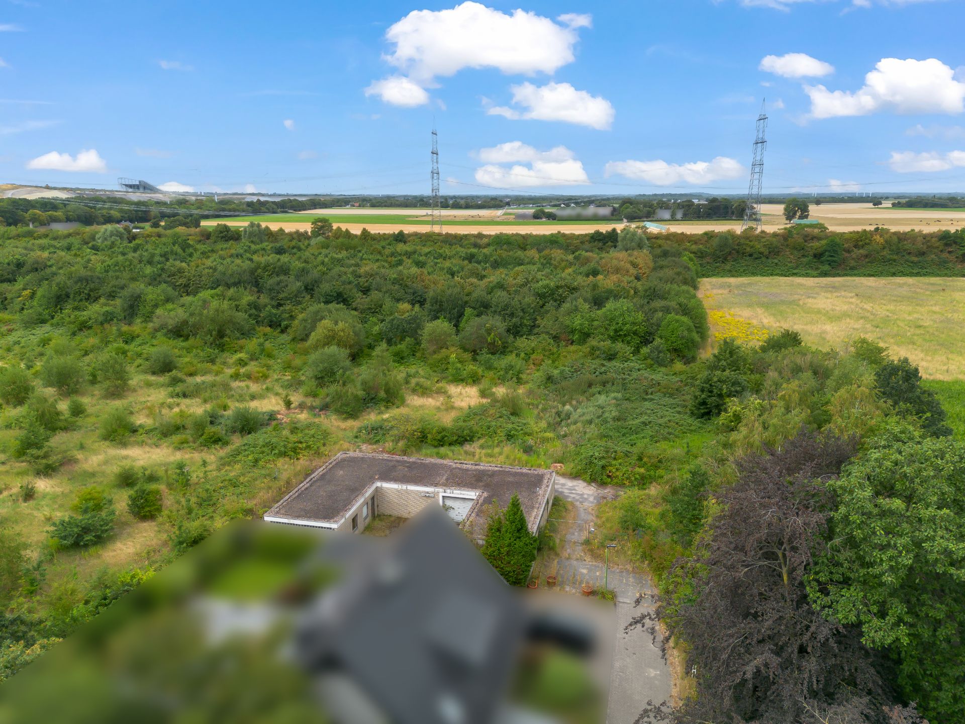 Blick auf ein Grundstück mit viel Grün, Bäumen und Feldern im Hintergrund.