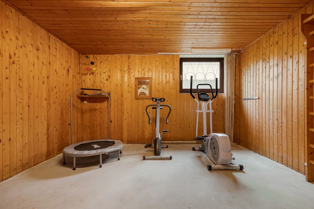 Kleiner Raum mit Holzverkleidung, Heimtrainer, Crosstrainer und Trampolin vor einem Fenster.