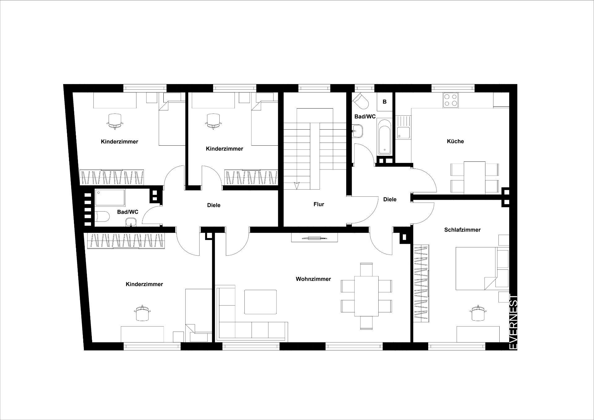 Grundriss einer Wohnung mit mehreren Schlafzimmern, Wohnzimmer, Küche und zwei Bädern.