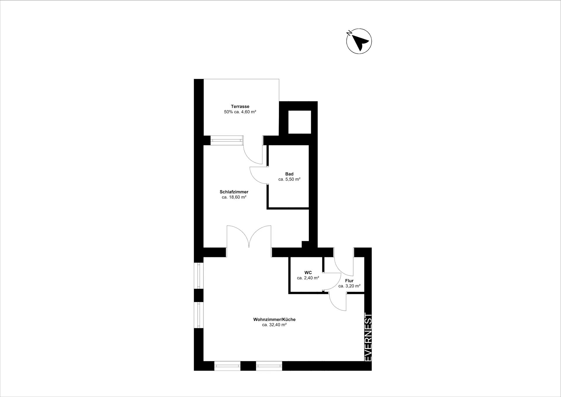 Grundriss einer Wohnung mit Wohnzimmer, Küche, Schlafzimmer, Bad, WC, Flur und Terrasse.