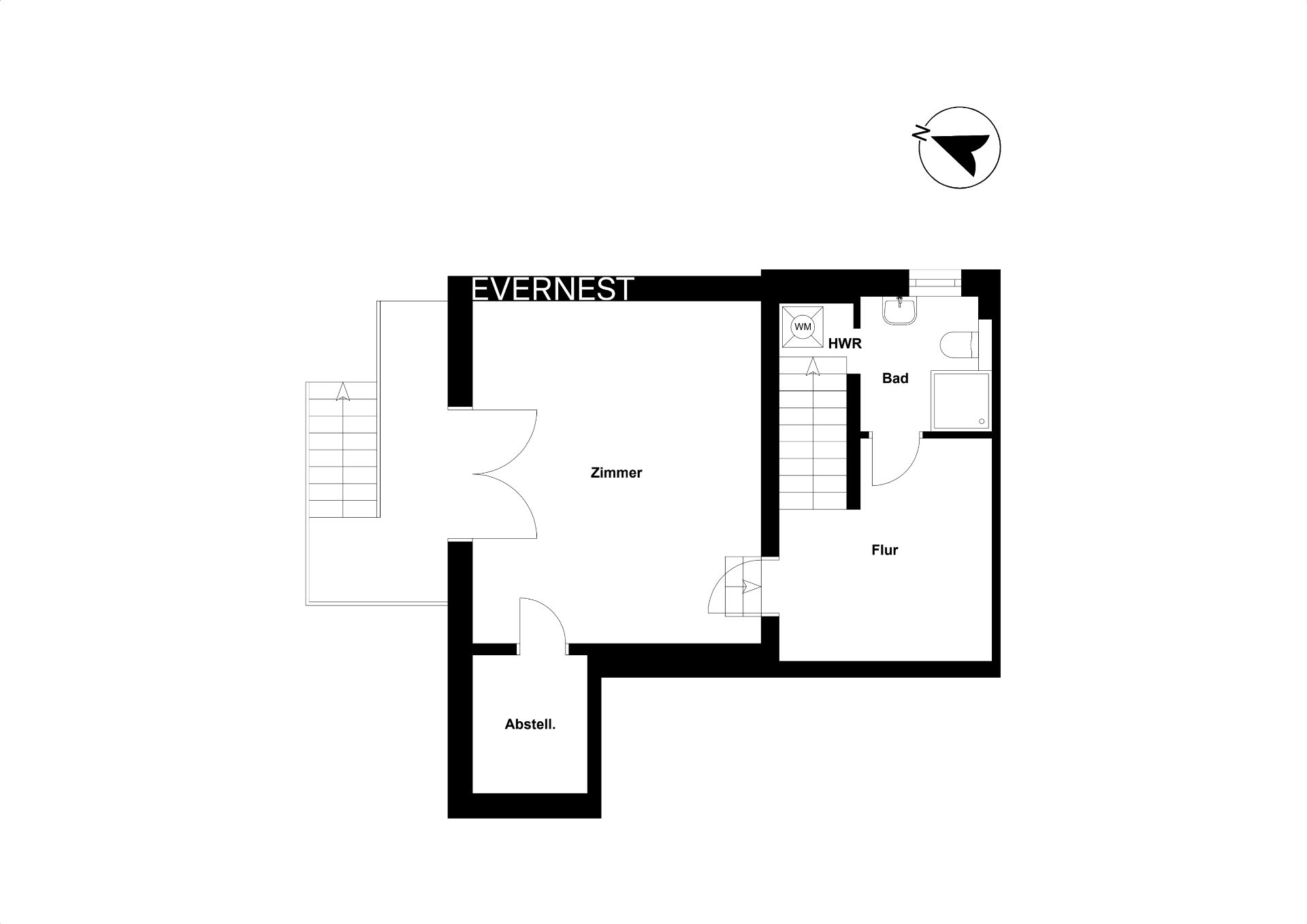 Grundriss mit Zimmer, Bad, Flur, Abstellraum und HWR, Treppen zugänglich.