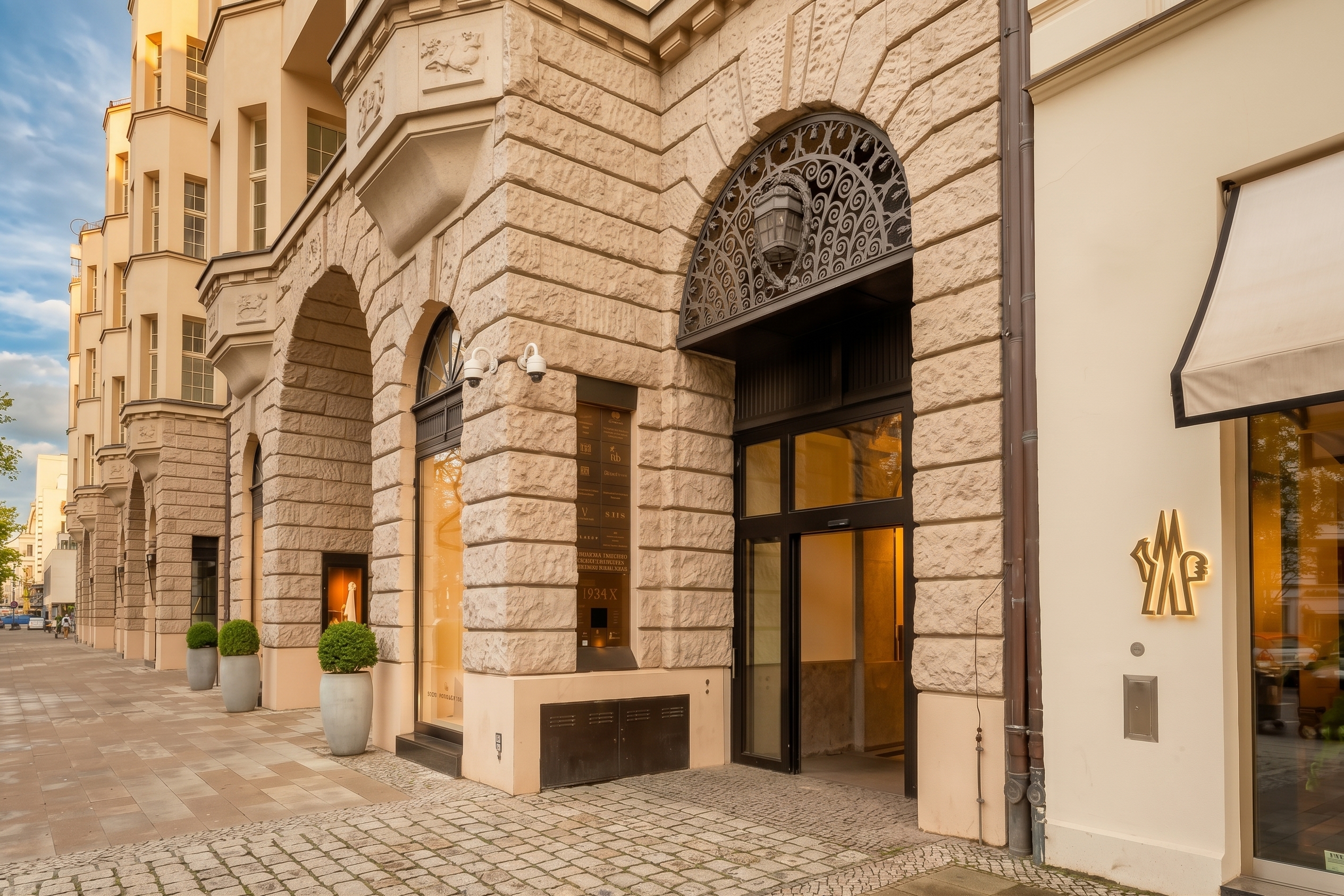 Eingang eines Wohngebäudes mit großen Rundbögen und Pflanztöpfen auf dem Gehweg.