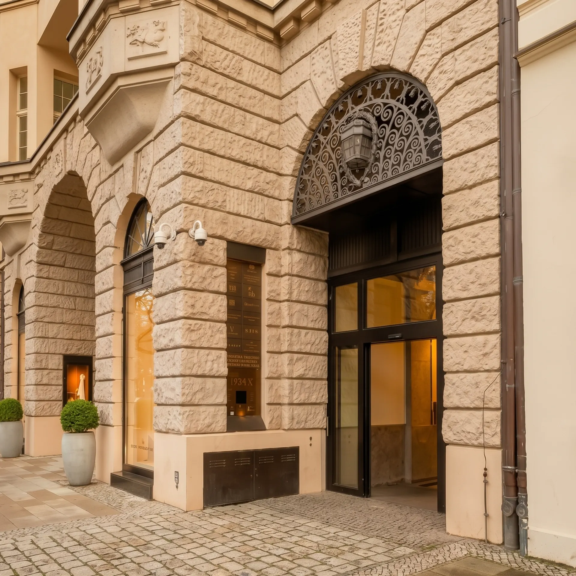 Eingang eines Wohngebäudes mit großen Rundbögen und Pflanztöpfen auf dem Gehweg.