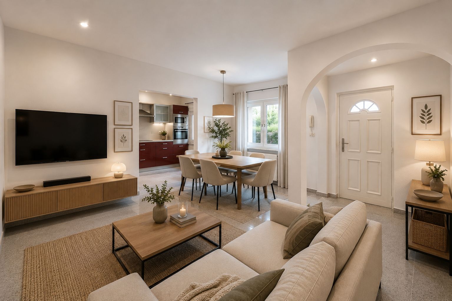 Helles Wohnzimmer mit Sofa, Couchtisch, TV, Essbereich, offener Küche und Fenster.