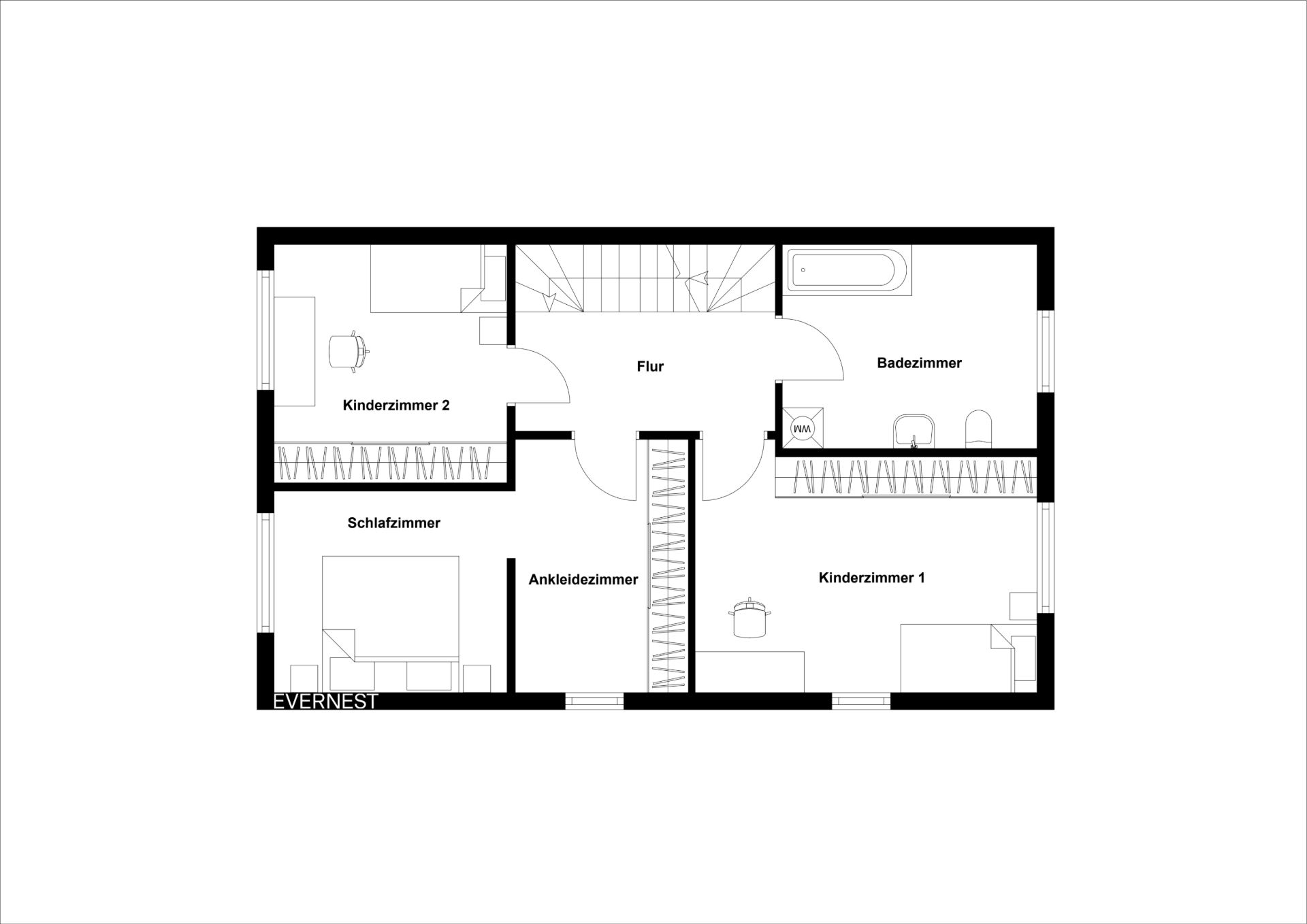 Grundriss mit Schlafzimmer, zwei Kinderzimmern, Ankleidezimmer, Badezimmer und Flur.