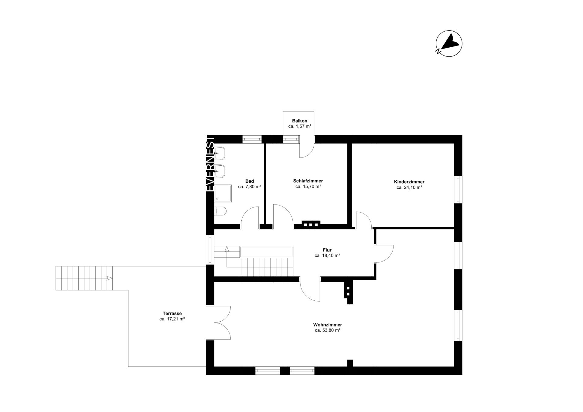 Grundriss einer Wohnung mit Wohnzimmer, Schlafzimmer, Kinderzimmer, Bad, Flur, Balkon und Terrasse.