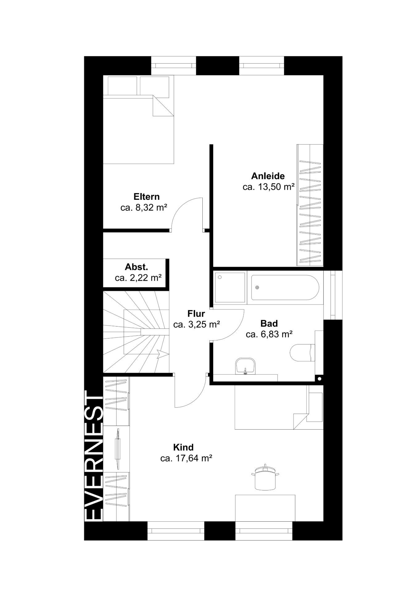 Grundriss eines Hauses mit Eltern-, Kind-, Ankleide-, Bad- und Abstellraum.