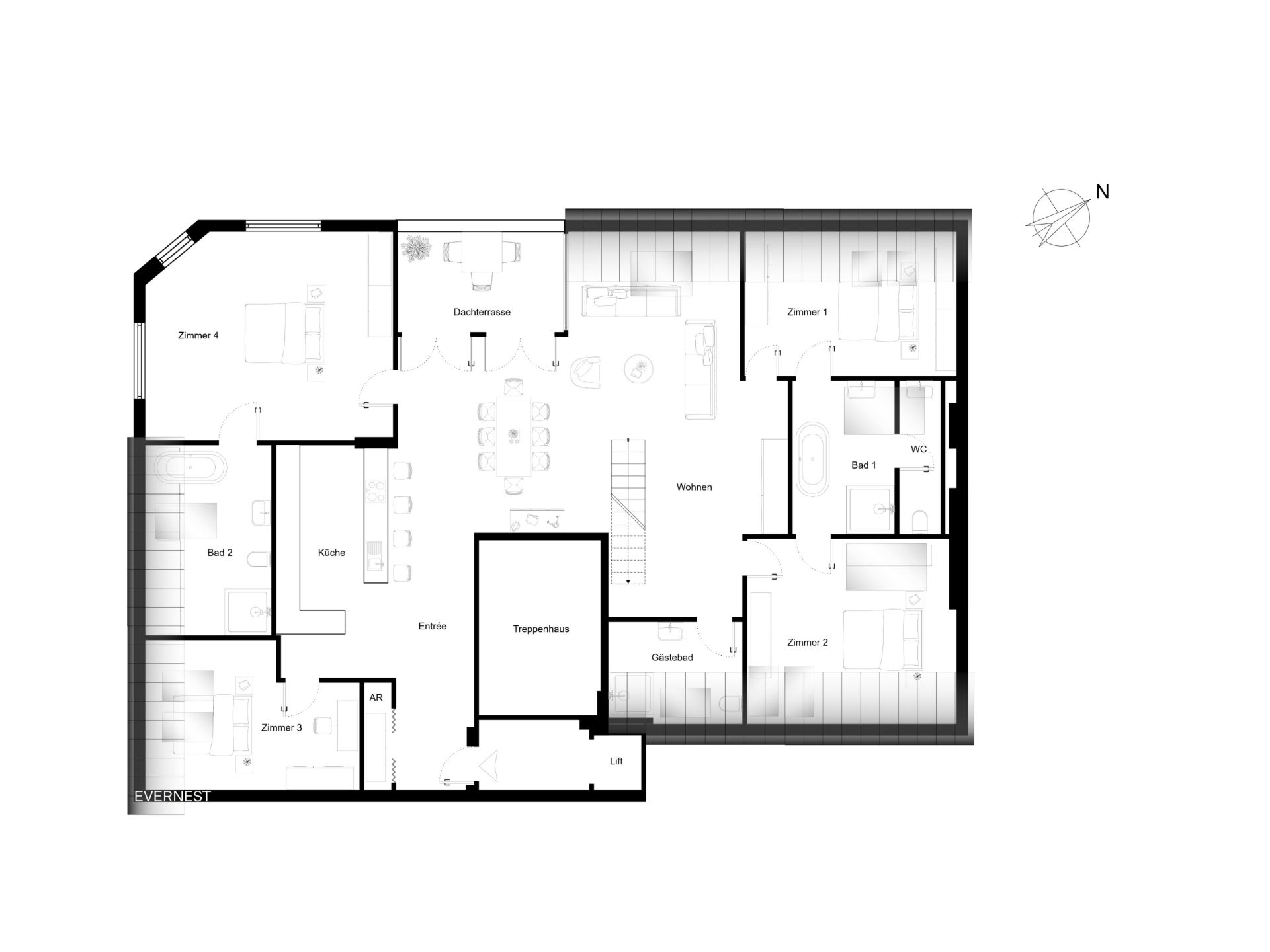 Grundriss einer Wohnung mit vier Zimmern, zwei Bädern, Küche, Wohnbereich und Dachterrasse.