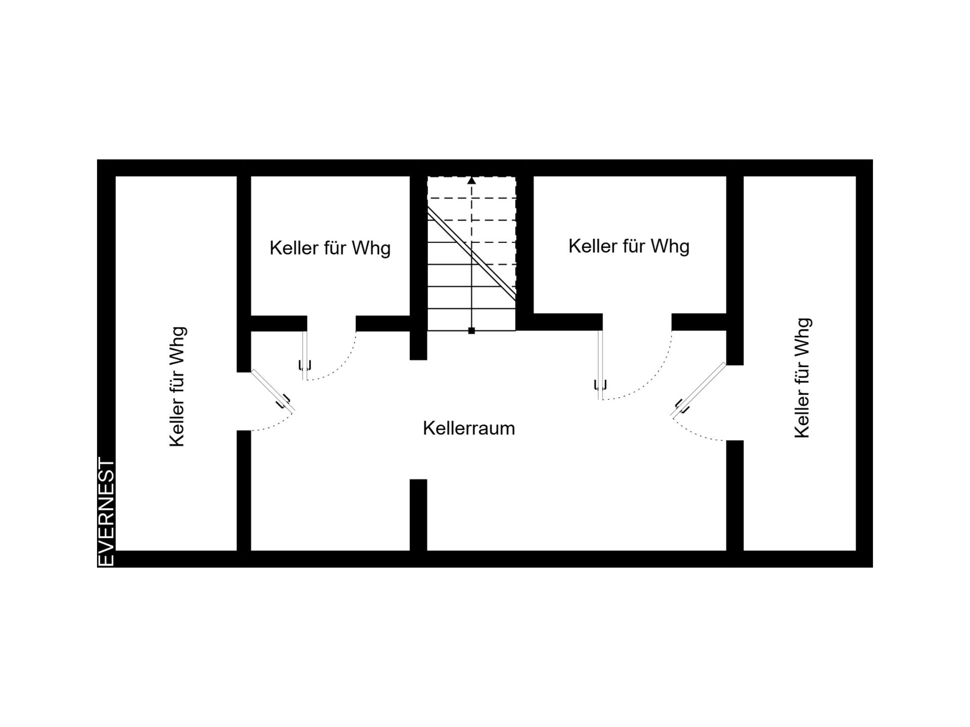 Grundriss eines Kellers mit vier Abteilen und zentralem Kellerraum.