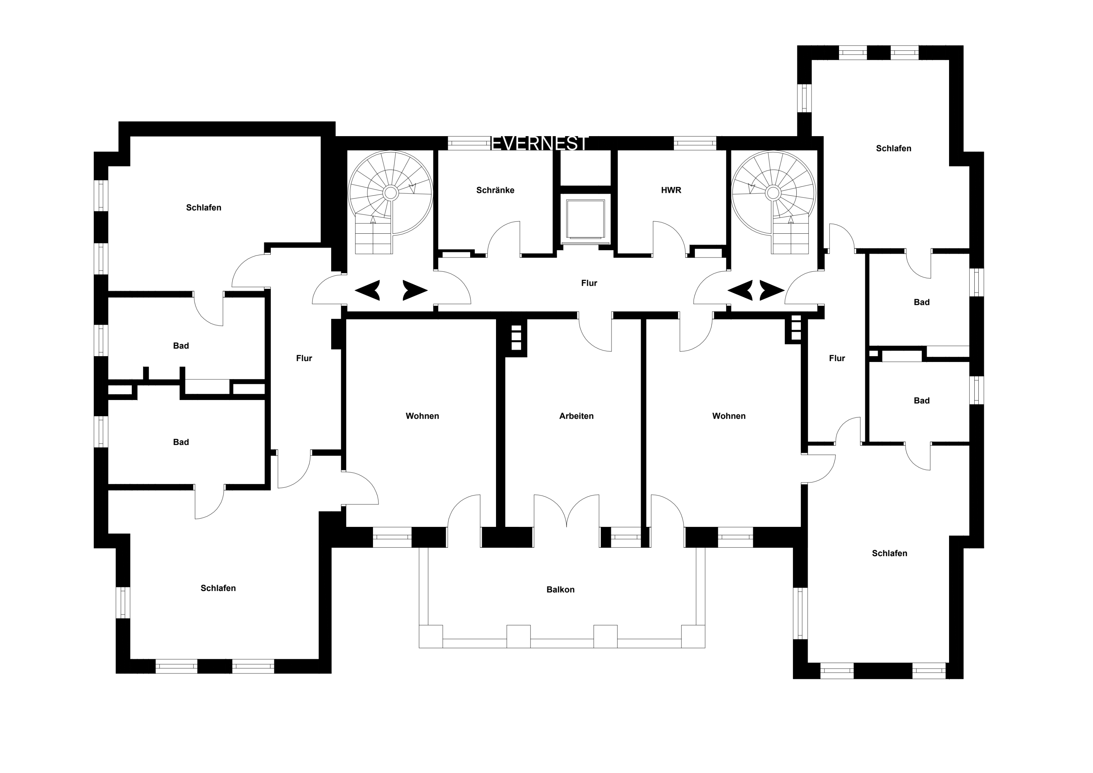 Grundriss einer Wohnung mit Schlafzimmern, Bädern, Wohnzimmern, Arbeitszimmer und Balkon.