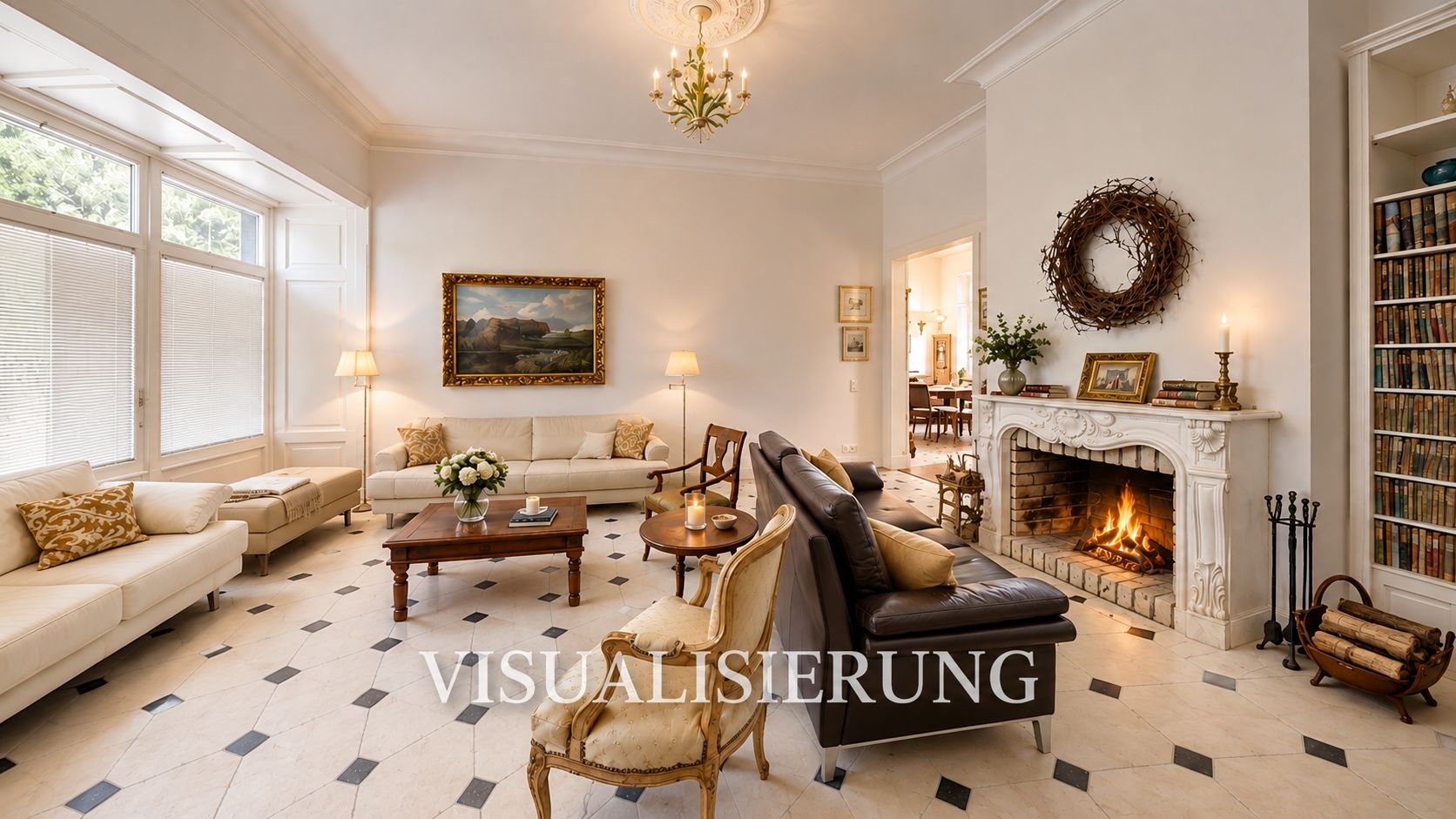 Helles Wohnzimmer mit Kamin, Sofas, Sesseln, Couchtisch und Bücherregal.