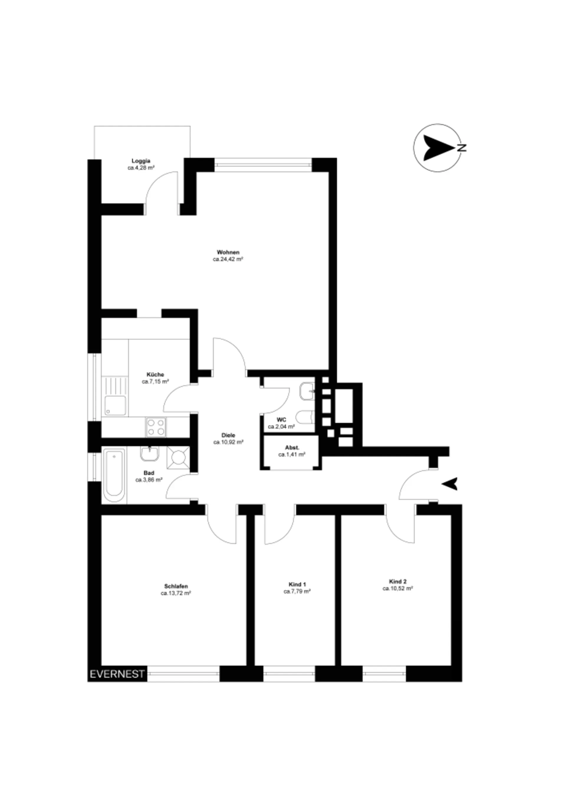 Grundriss einer Wohnung mit Wohnzimmer, Küche, Bad, WC, Diele, Schlafzimmer und zwei Kinderzimmern.