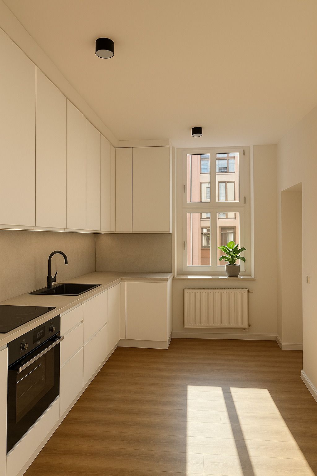 Moderne, helle Küche mit weißen Schränken, Holzfußboden und großem Fenster mit Pflanze.