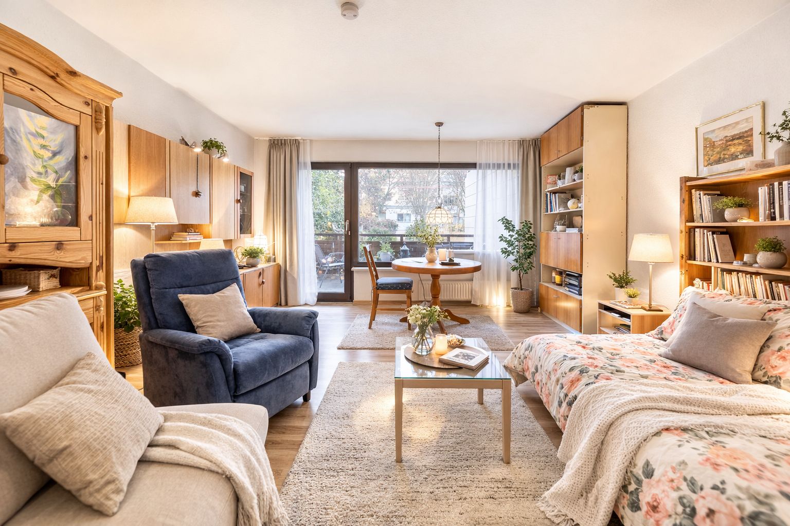 Gemütliches Wohnzimmer mit Sofa, Sessel, Bücherregalen, Esstisch und großen Fenstern.