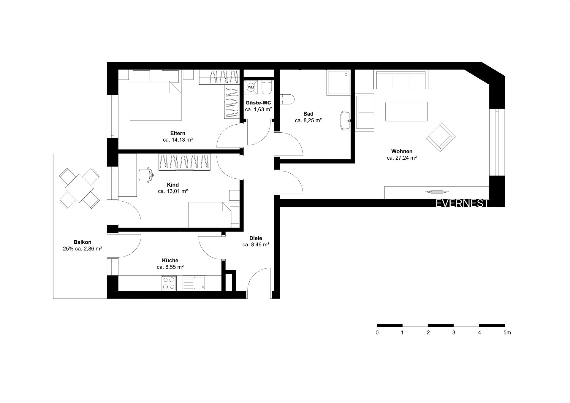 Grundriss einer Wohnung mit zwei Schlafzimmern, Wohnzimmer, Küche, Bad, Gäste-WC und Balkon.