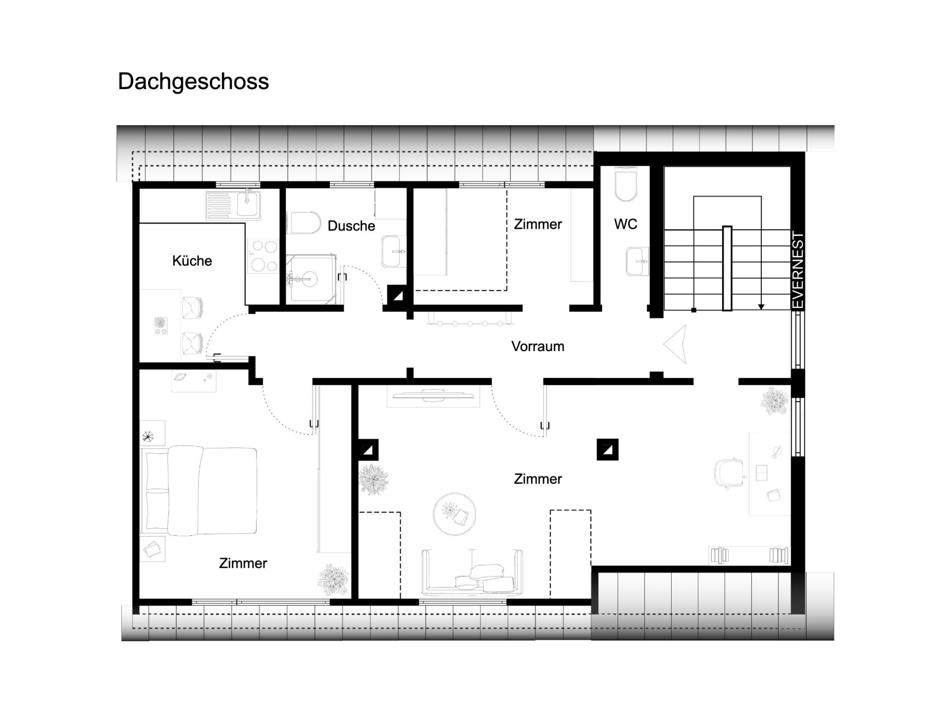 Grundriss eines Dachgeschosses mit Küche, Dusche, WC, Vorraum und mehreren Zimmern.