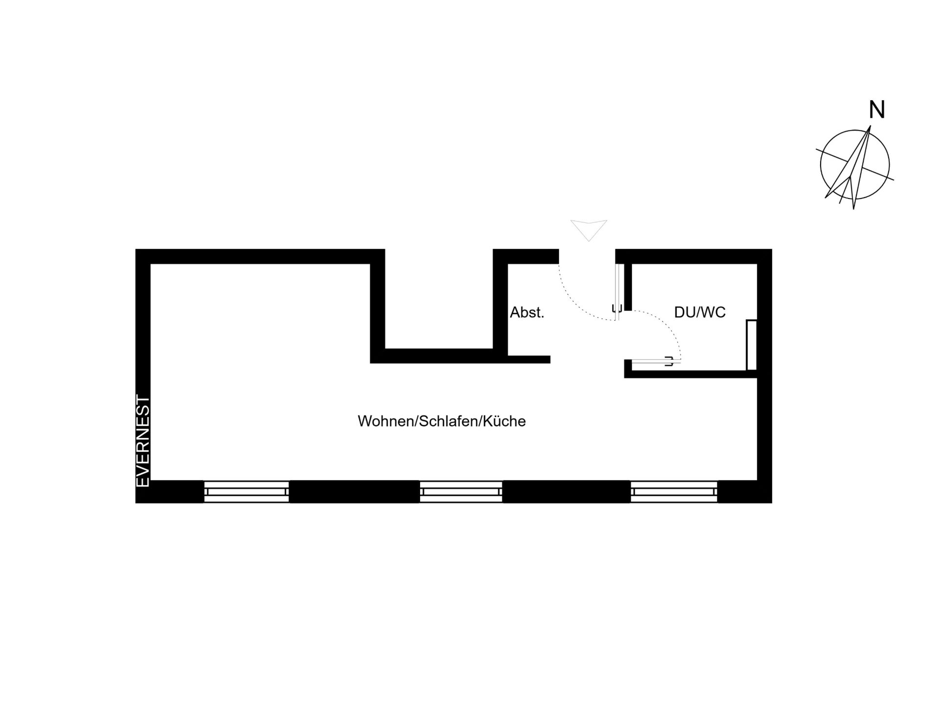Grundriss mit Wohn-/Schlafbereich, Küche, Abstellraum und Bad mit Dusche und WC.