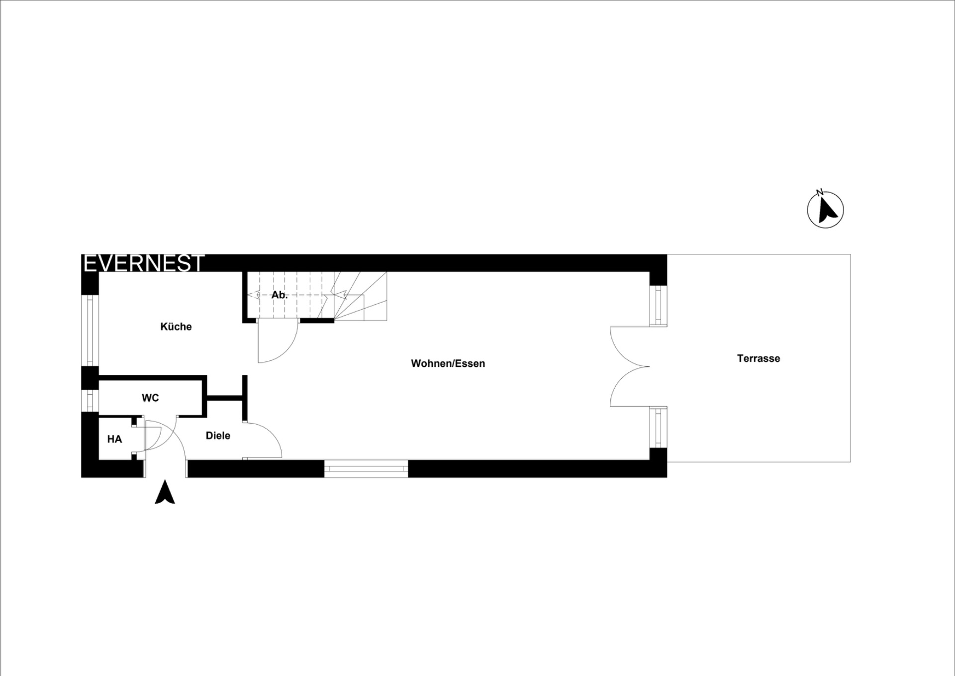 Grundriss eines Wohnbereichs mit Küche, WC, Diele, Abstellraum und Terrasse.