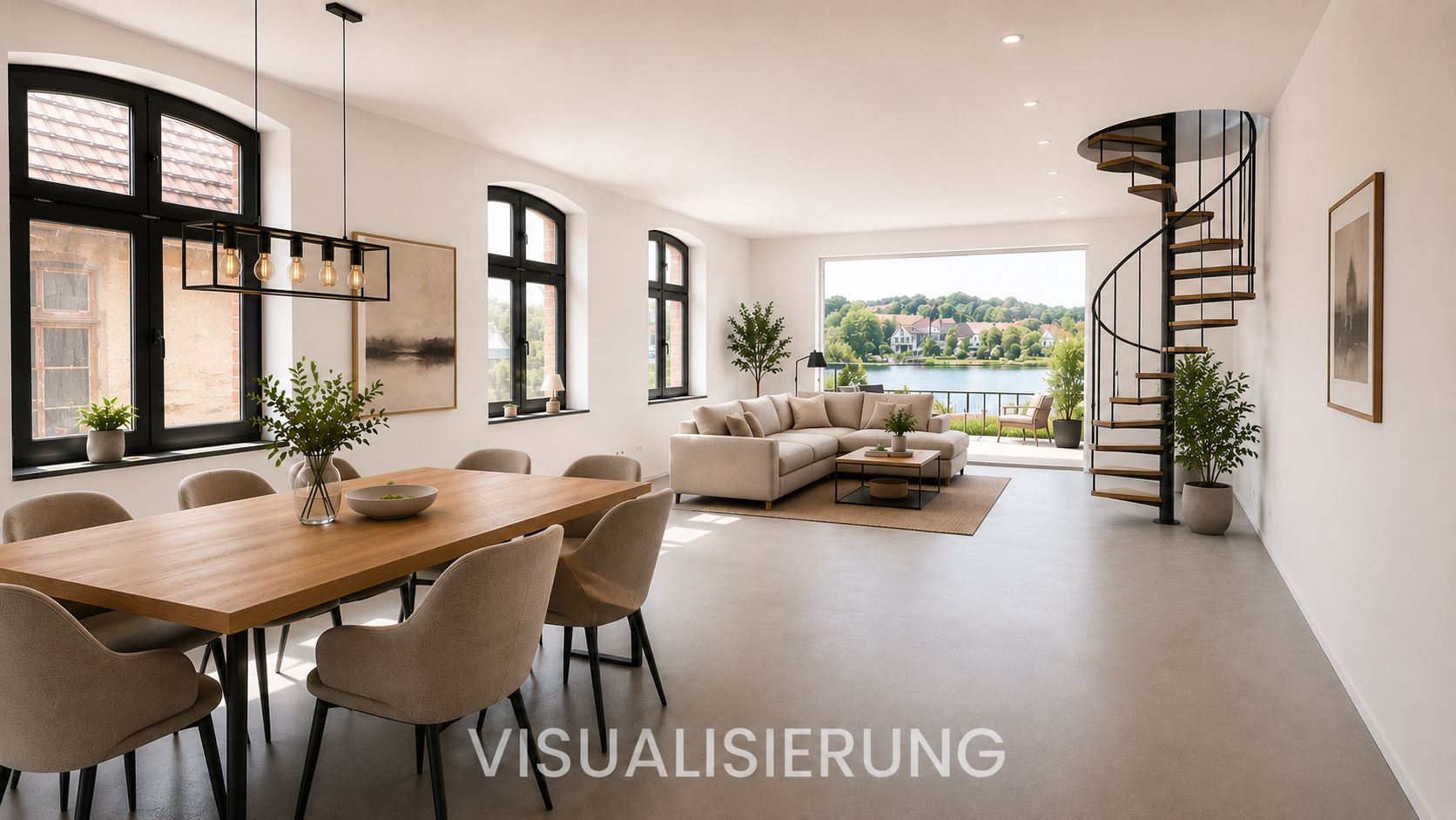 Helles Wohnzimmer mit Esstisch, Sofa, großen Fenstern und Wendeltreppe, Blick auf Terrasse und Garten.