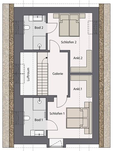 Grundriss mit zwei Schlafzimmern, zwei Bädern, zwei Ankleidezimmern, Galerie, Lift und Treppe.