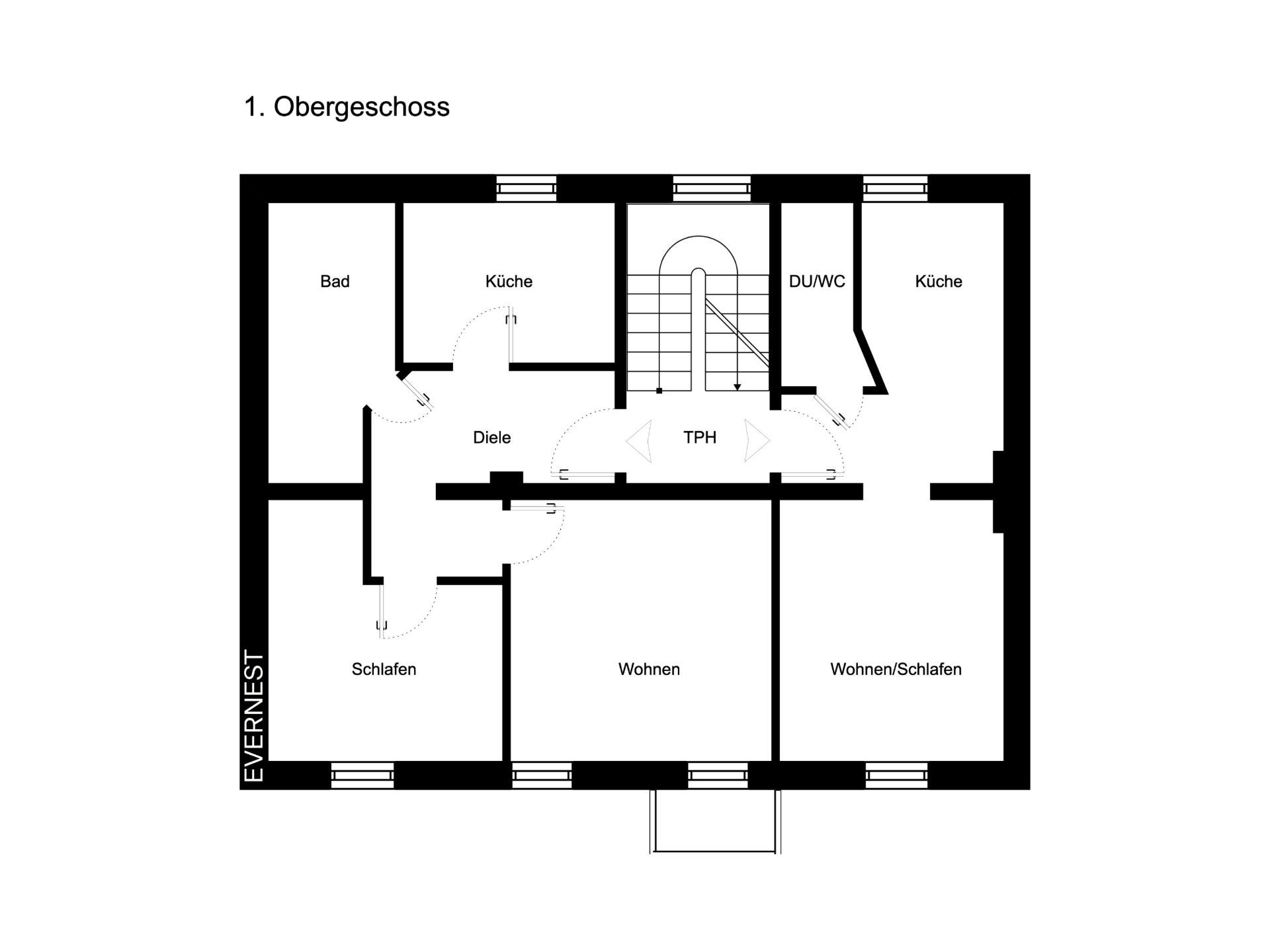 Grundriss des 1. Obergeschosses mit Bad, zwei Küchen, Schlaf- und Wohnzimmern.
