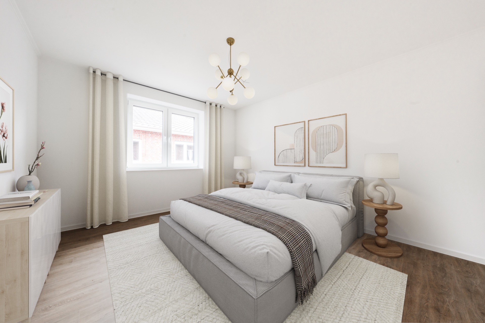 Helles Schlafzimmer mit Doppelbett, zwei Nachttischen, großem Fenster und moderner Dekoration.
