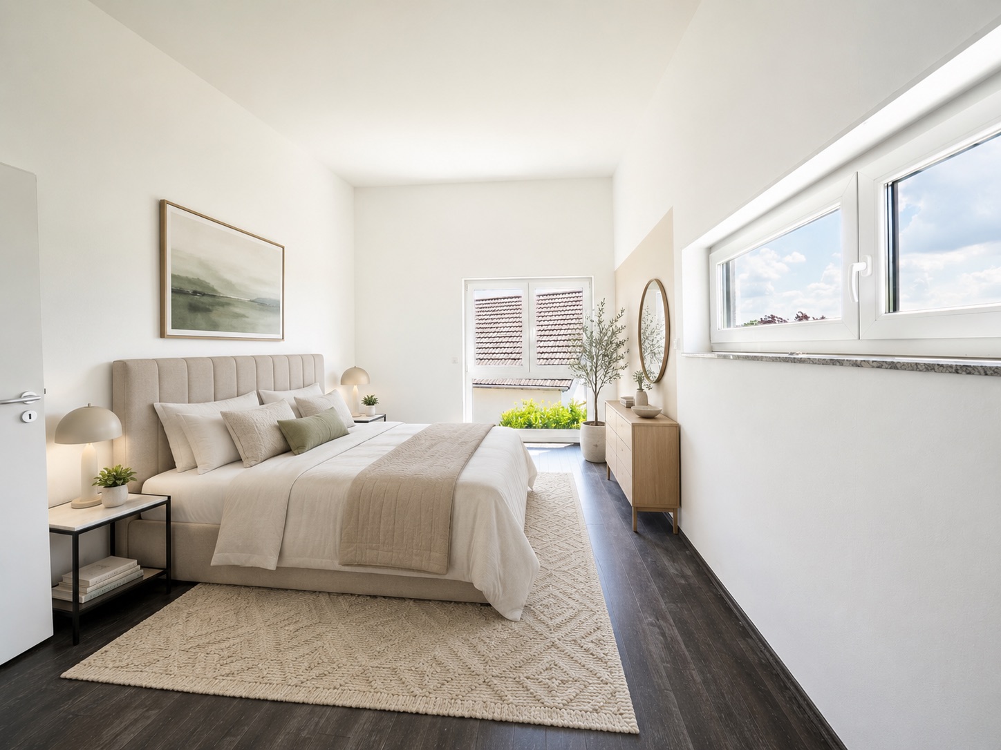 Helles Schlafzimmer mit Doppelbett, Nachttischen, Teppich und großen Fenstern.