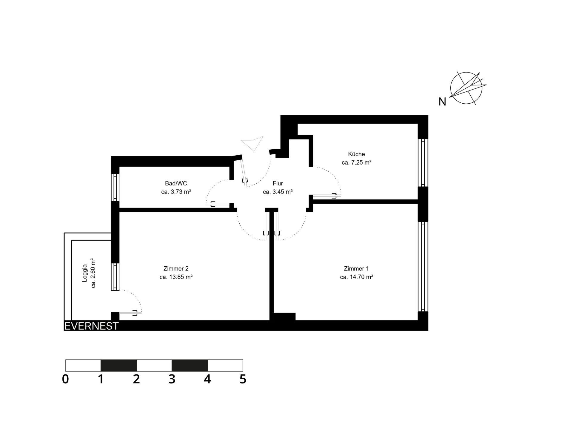 Grundriss einer Wohnung mit zwei Zimmern, Küche, Bad, Flur und Loggia.