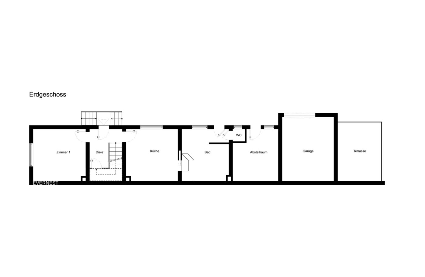 Grundriss des Erdgeschosses mit Zimmer, Küche, Bad, WC, Abstellraum, Garage und Terrasse.