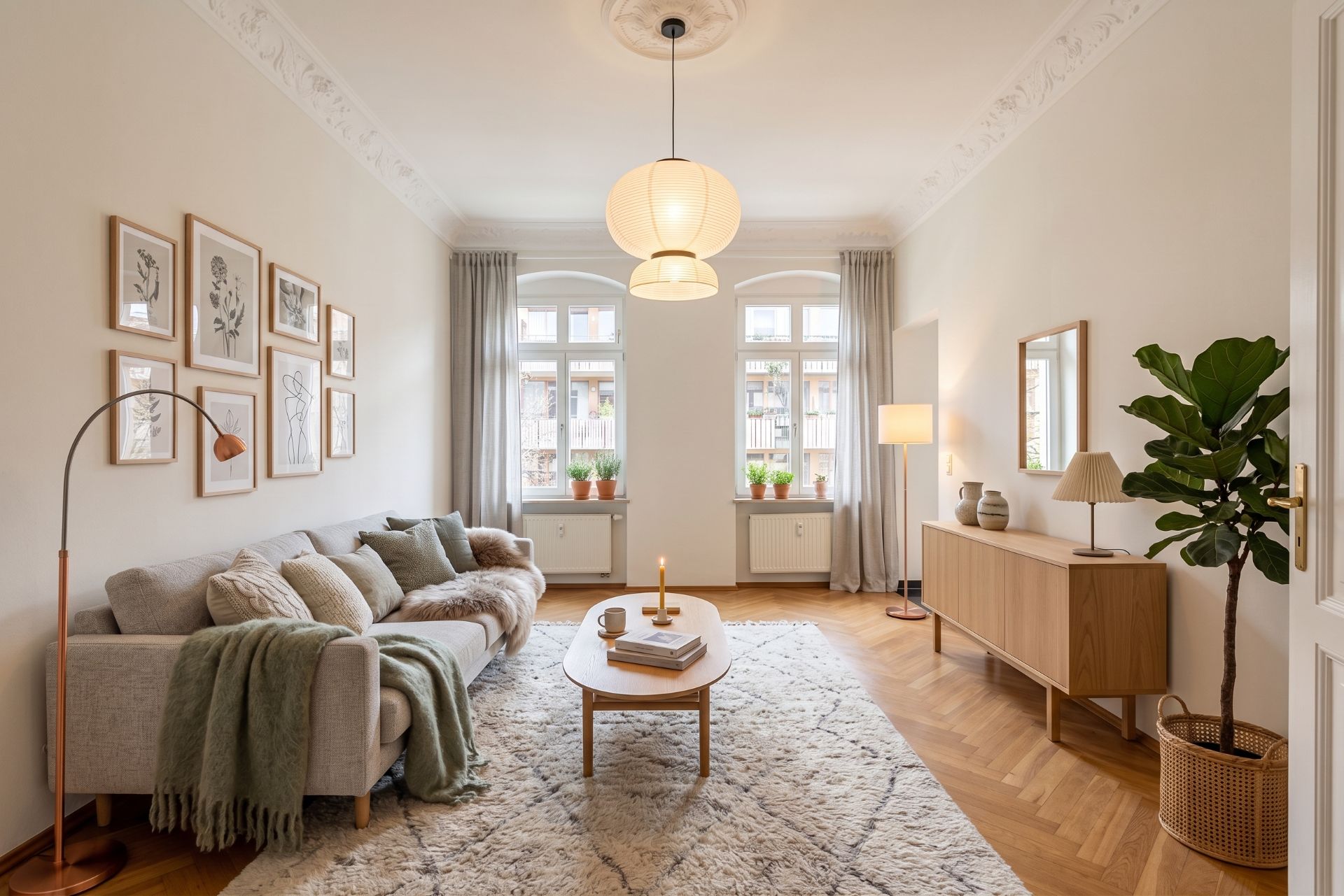 Helles Wohnzimmer mit Sofa, Teppich, Couchtisch, Sideboard und großen Fenstern.